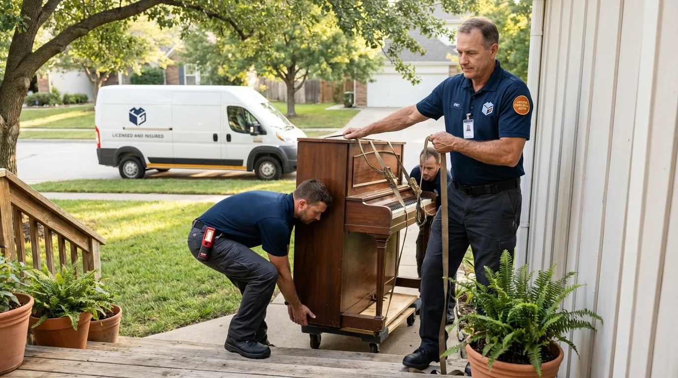 Licensed piano movers securing grand piano in Clinton, IA