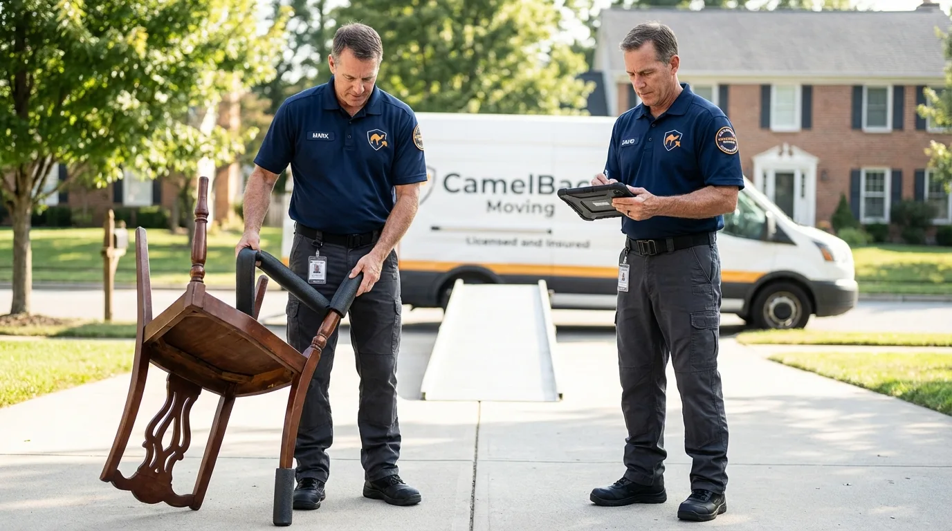 Movers inspecting furniture for damage prevention before loading in Clinton, IA