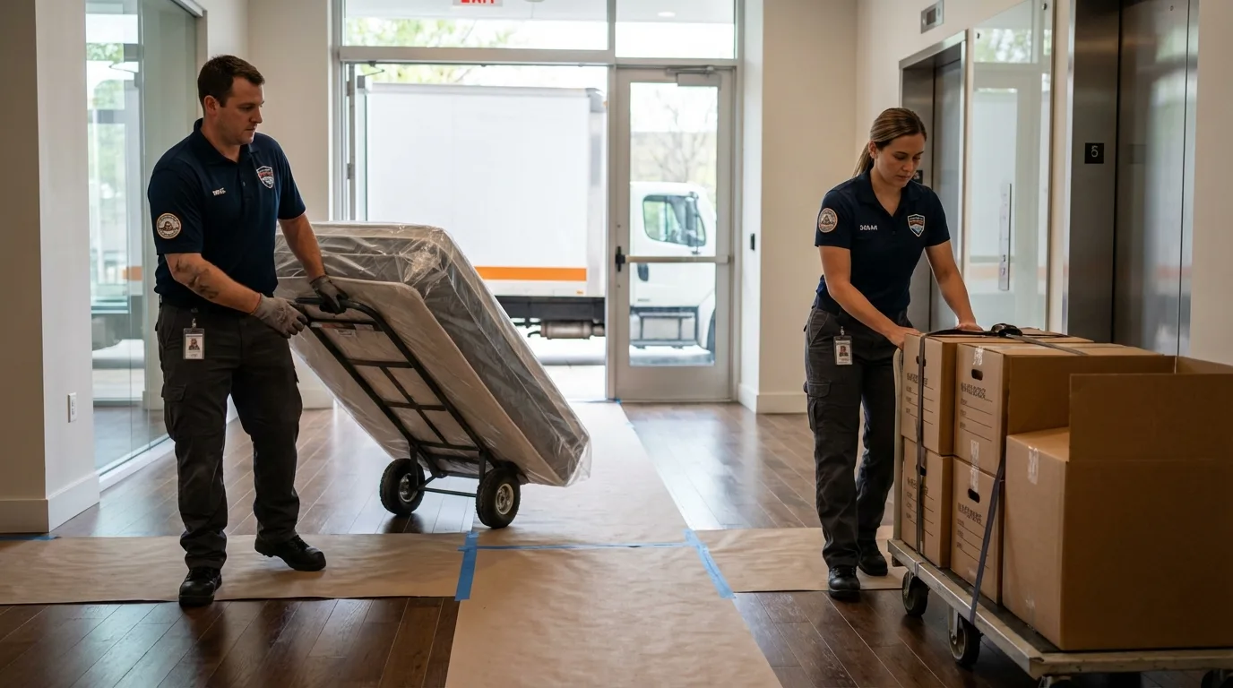 Professional apartment movers loading elevator in Clinton, IA